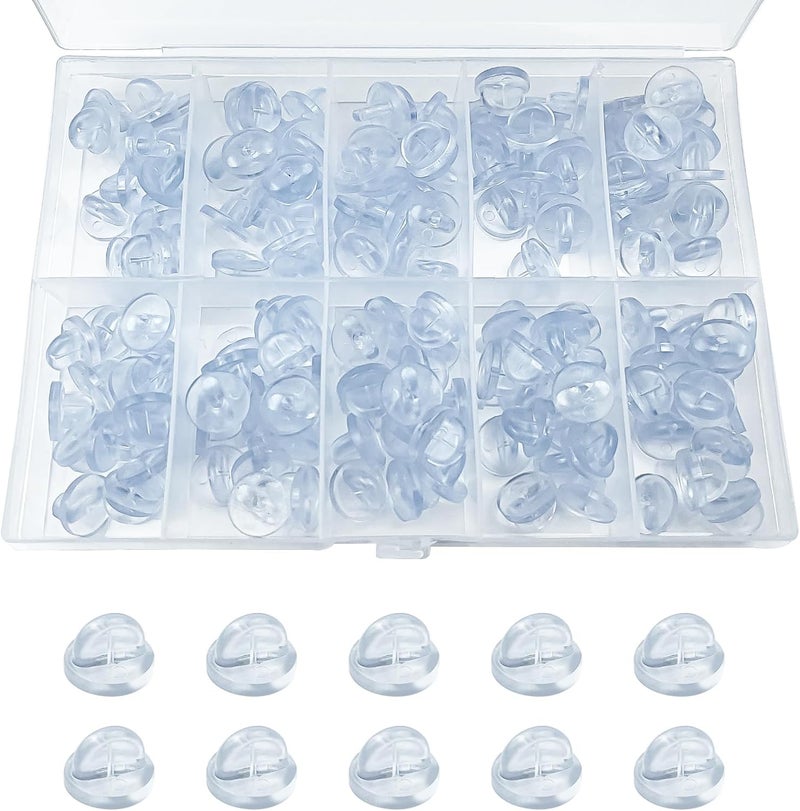 DUFEIMOY 150Pcs Rubber Pin Backs Locking, Locking Pin Backs with Storage Case, Pin Backs Pin Keepers for Brooch Tie Hat Badge Insignia, Clear Pin Locks - Image 1